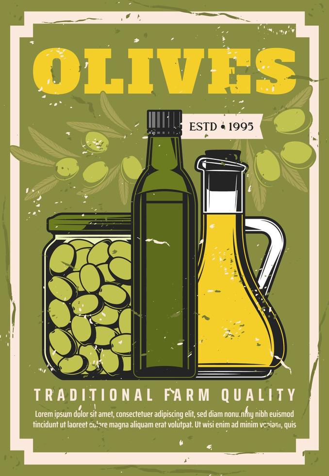 Olives, extra virgin olive oil in jars or bottles vector