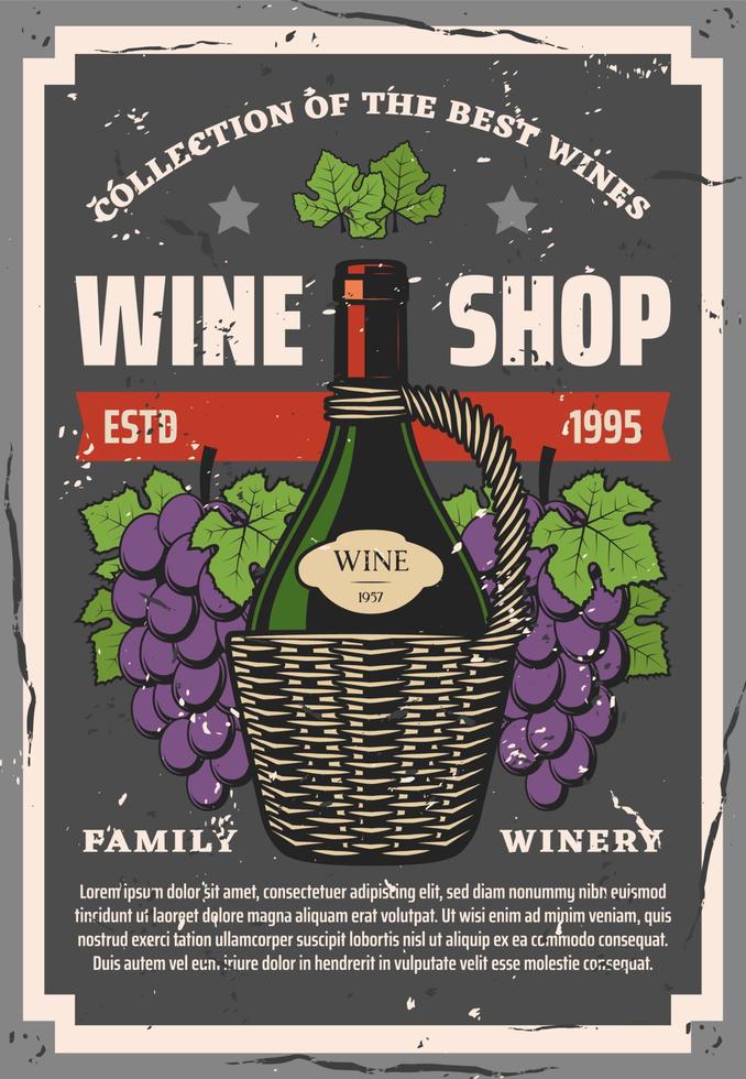 Winery and wine shop, bottle and grape bunches vector