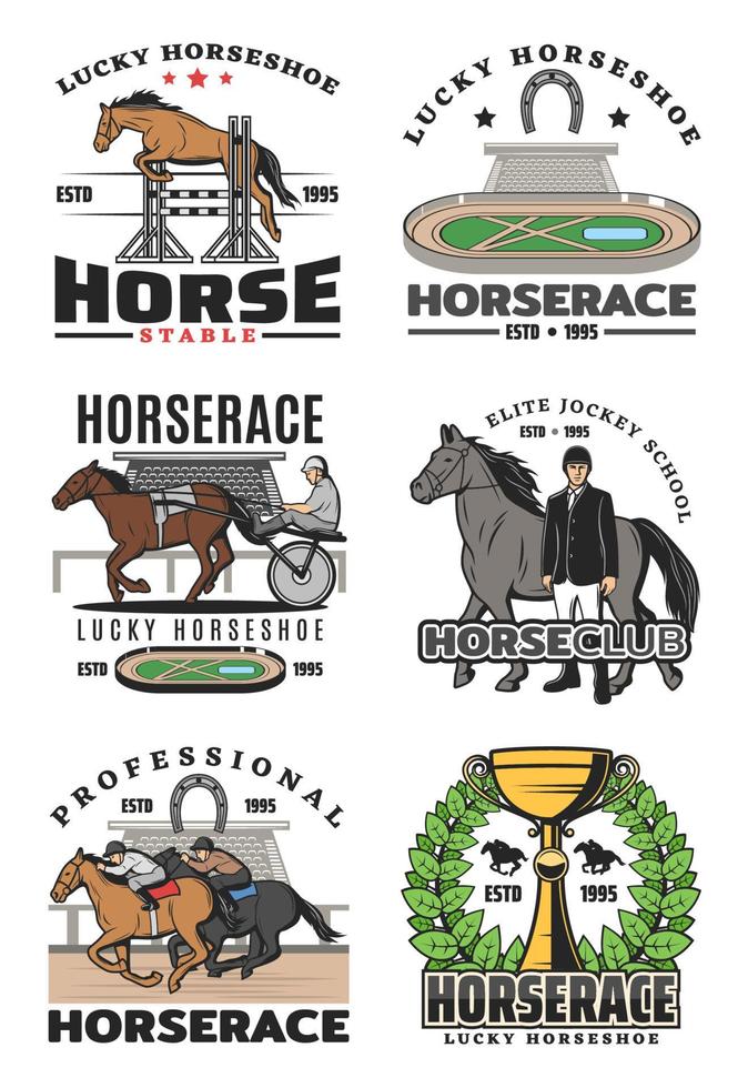Equestrian sport, horserace, jockey school icons vector