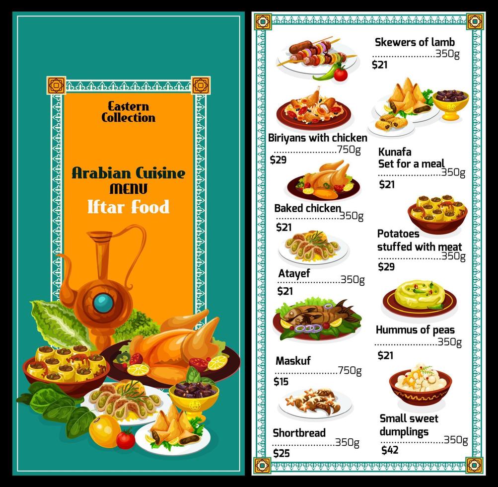 Iftar food, arabian cuisine vector menu