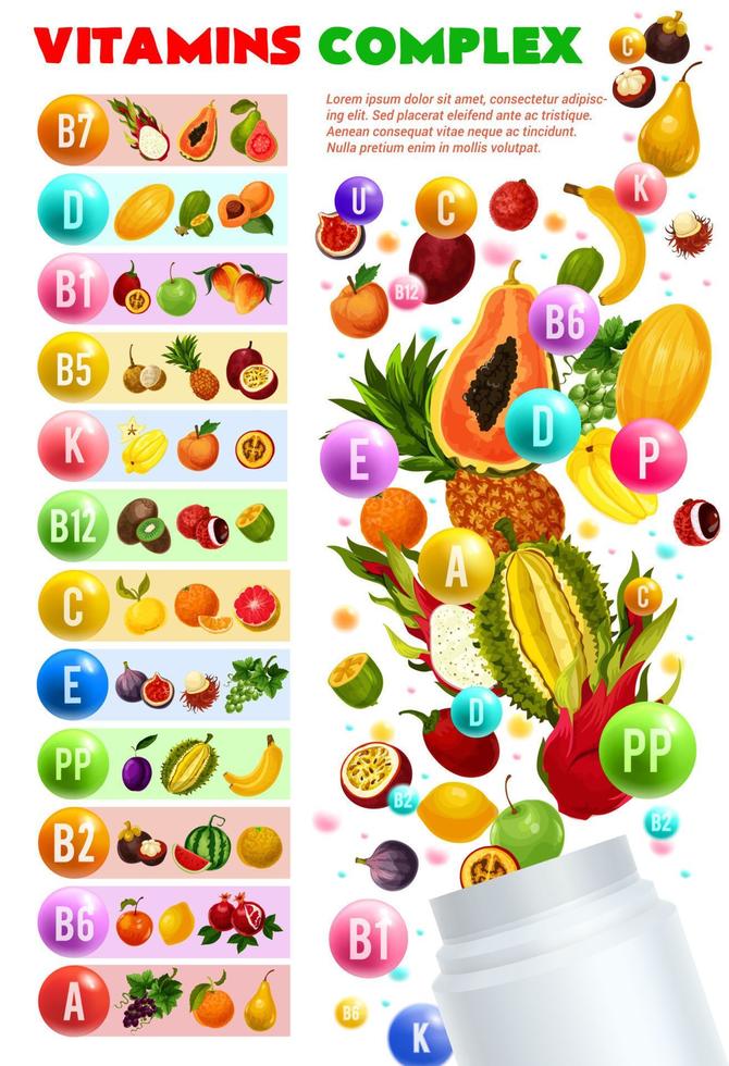 complejo de vitaminas de frutas y bayas, vector