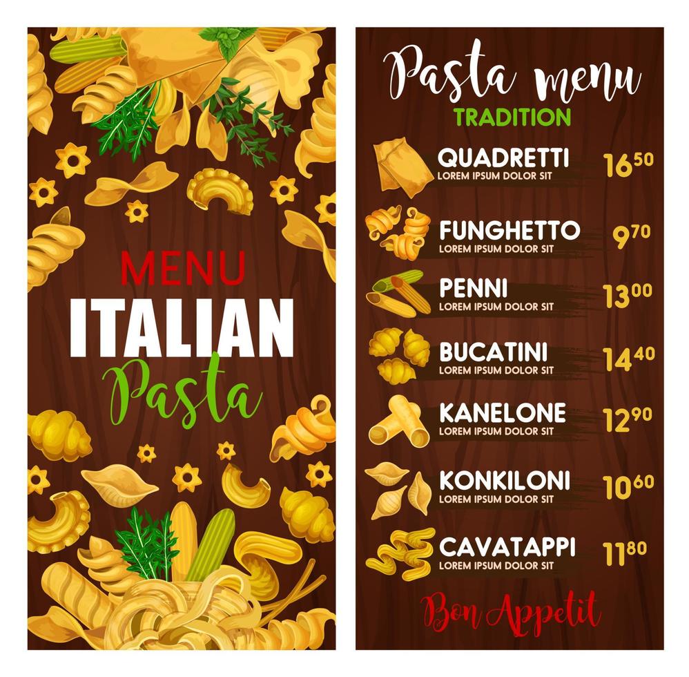 Pasta menu, Italian cuisine meals vector