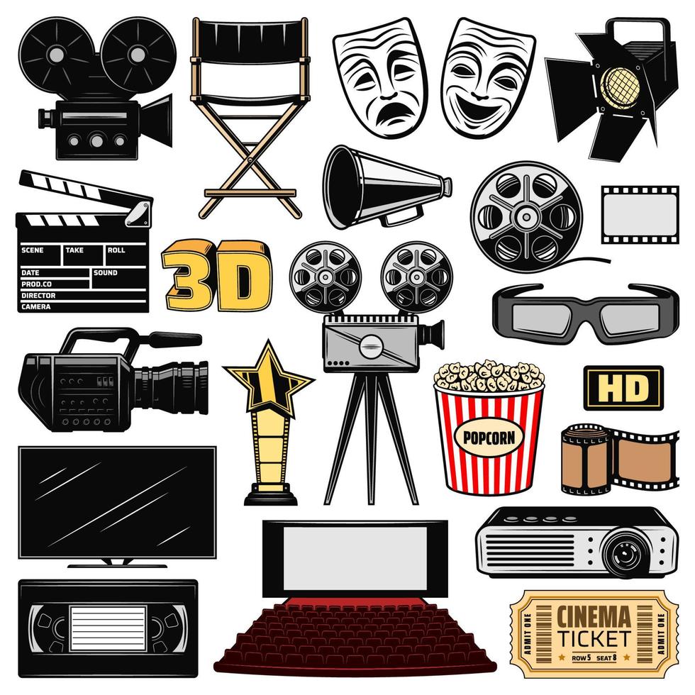 Cinematography and retro movie cinema icons vector