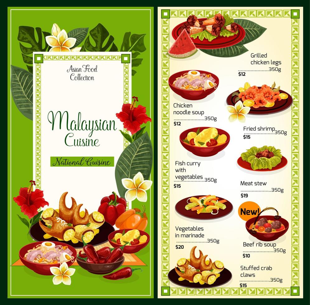 menú de cocina malaya comida asiática tradicional vector