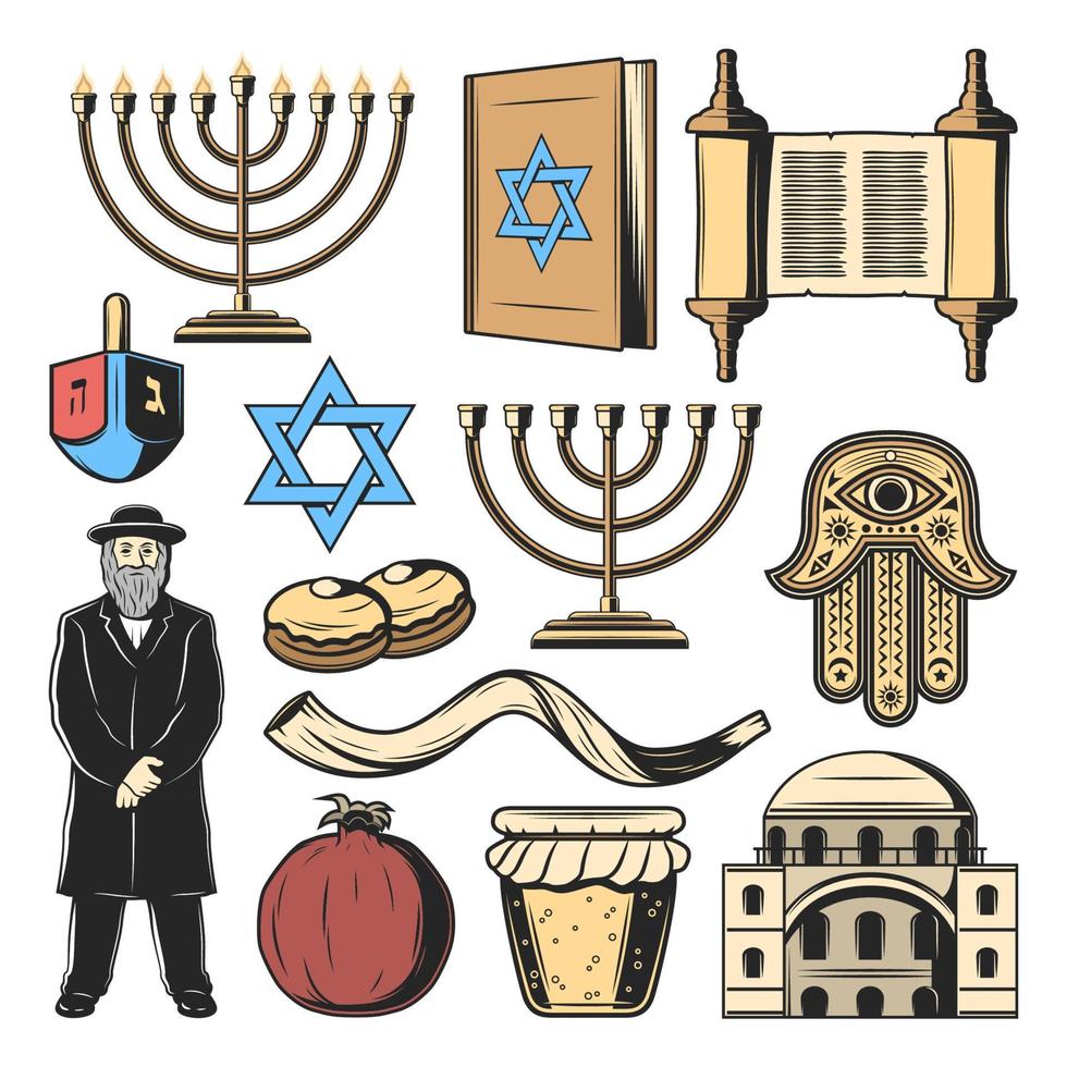 Jewish religion symbols, Israel culture tradition vector