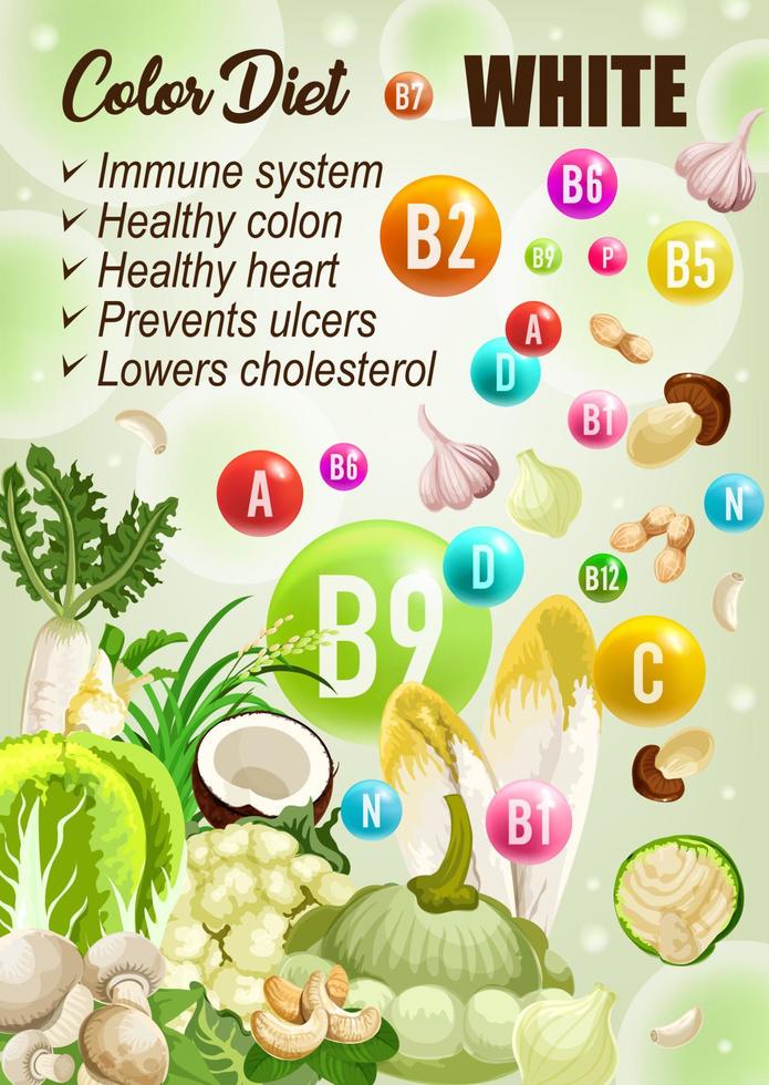 Detox color diet white fruits, vegetables vitamins vector