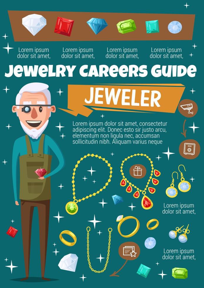 Jeweler profession, jewelry and gemstones vector