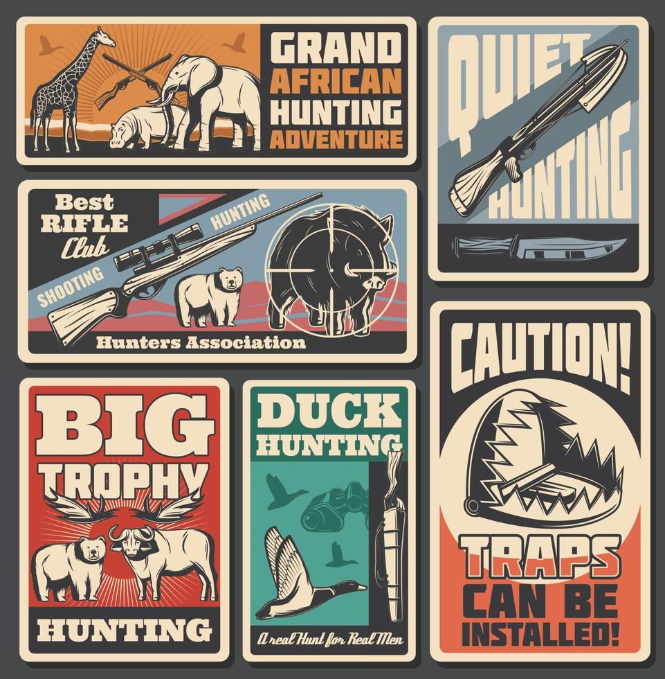 Hunting sport posters, ammunition and animals vector