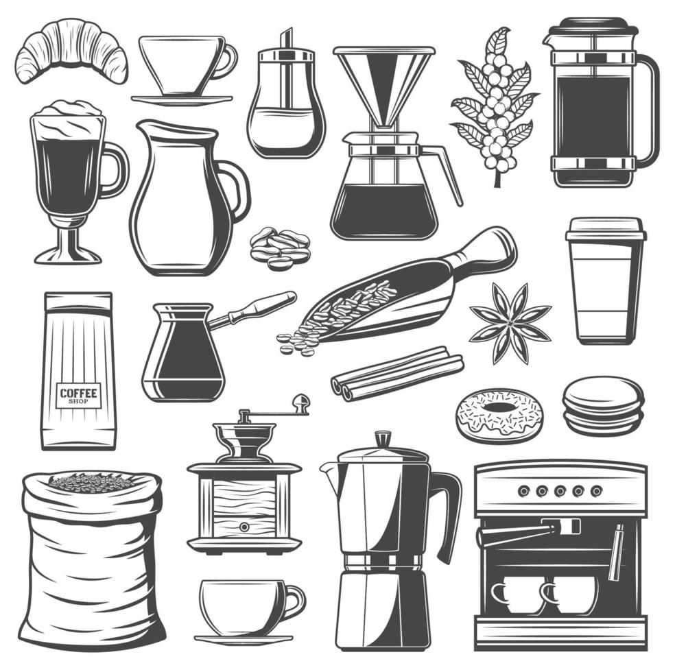 Coffee cup and espresso machine. Cafe equipments vector