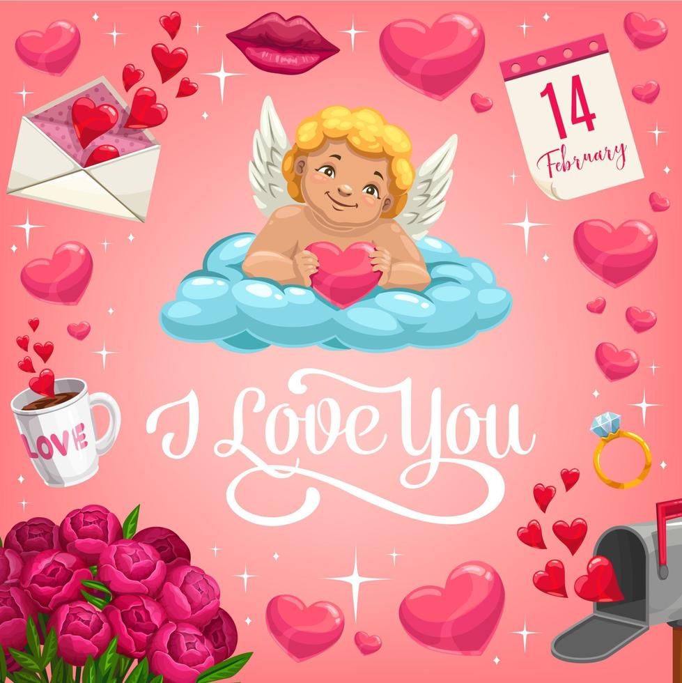 Cupid with heart on cloud. Valentines Day card vector