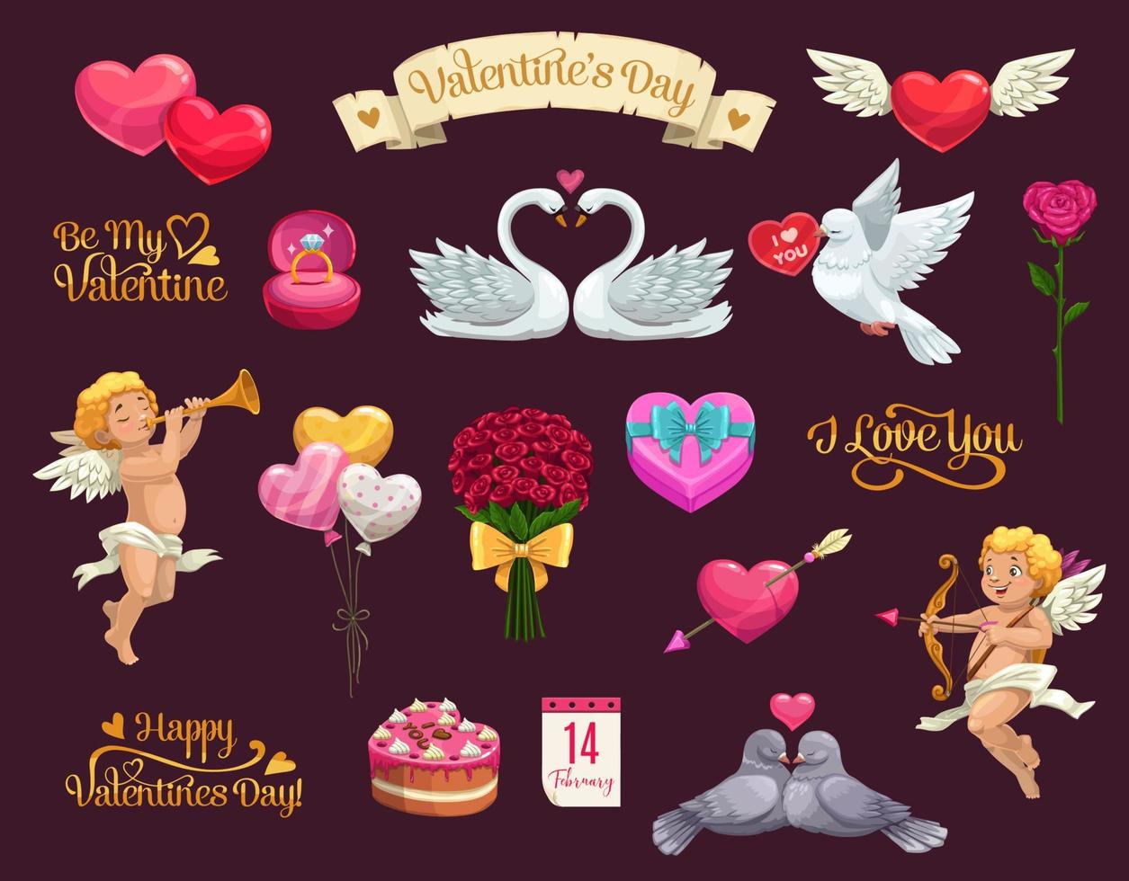 día de san valentín amor corazones, regalo, cinta y cupido vector