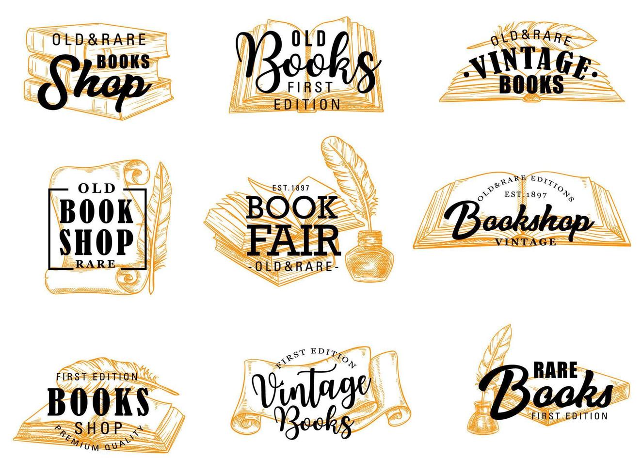 Books and manuscripts vector icons, lettering