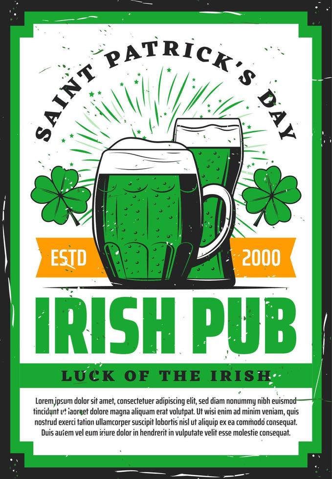 St Patricks Day green clover, beer and shamrock vector