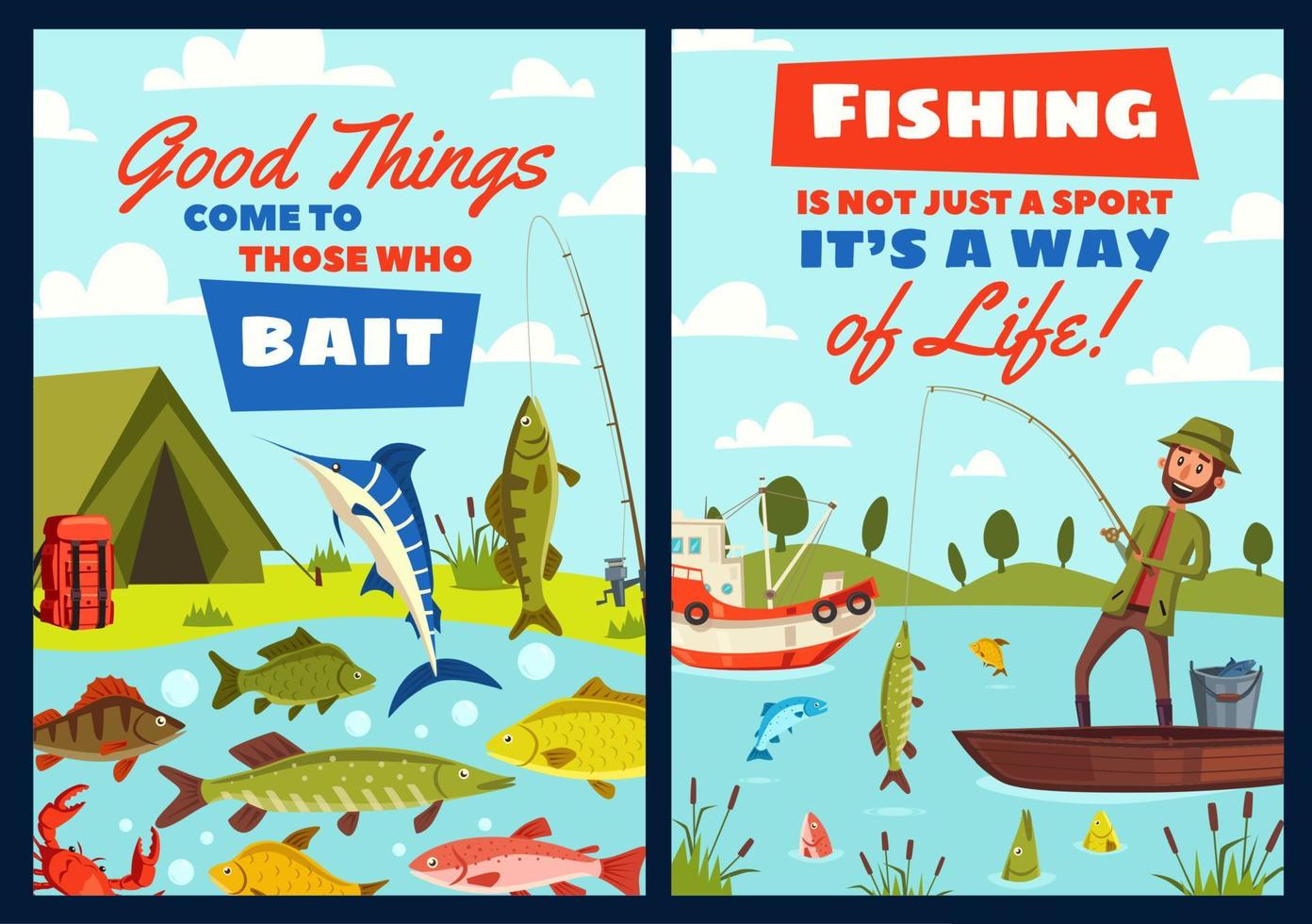 Fishing leisure adventure, fisher catch lake fish vector