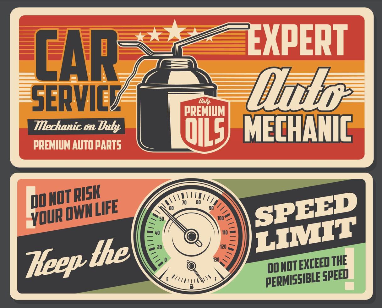 Auto-Service und Auto-Reparatur-Ersatzteile Retro-Poster. Vector Rad,  Reifen und Felge, Fahrzeug Motorkolben, Schraubenschlüssel und  Schraubenschlüssel, Zündkerzen und Automobile Stock-Vektorgrafik - Alamy