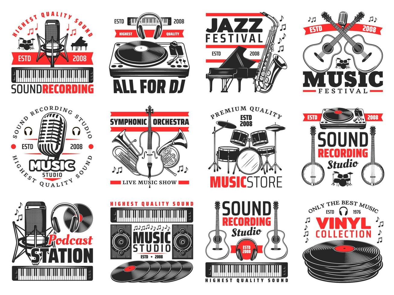 Music and sound recording studio, instrument icons vector