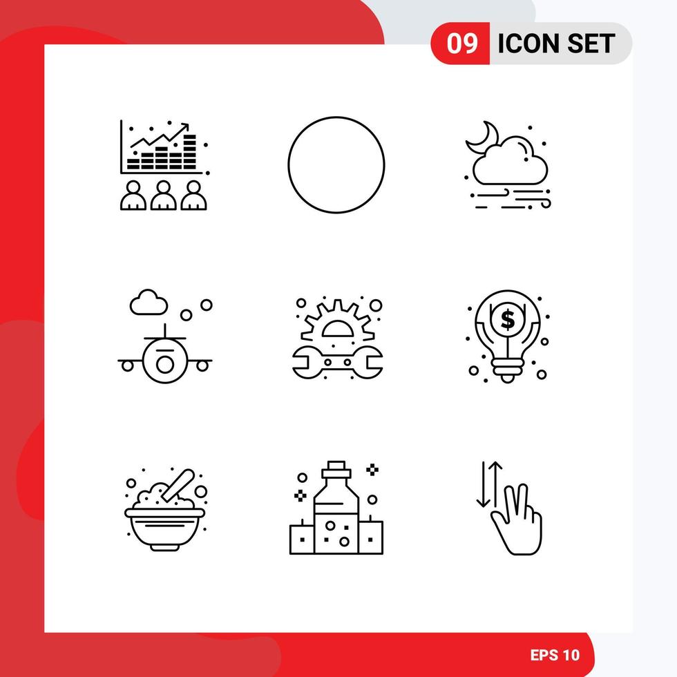 Modern Set of 9 Outlines Pictograph of mechanic travel wind transportation beach Editable Vector Design Elements