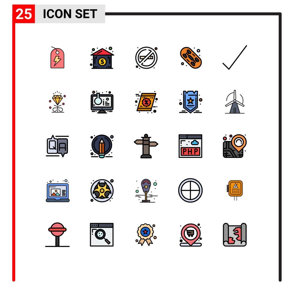 paquete de 25 modernos signos y símbolos de colores planos de línea rellena para medios de impresión web, como elementos de diseño de vectores editables de tablero de control completo sin diamantes