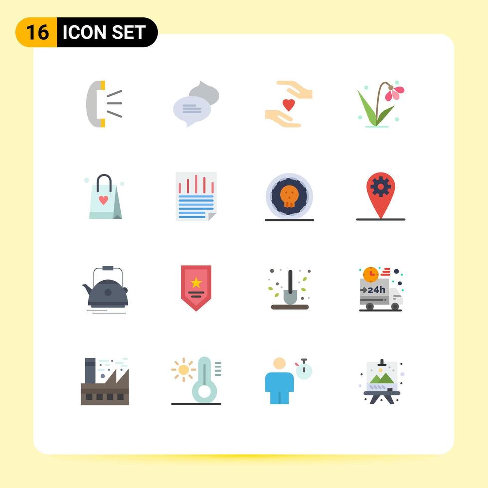 Pack of 16 creative Flat Colors of data bag hands shopping bag plant Editable Pack of Creative Vector Design Elements