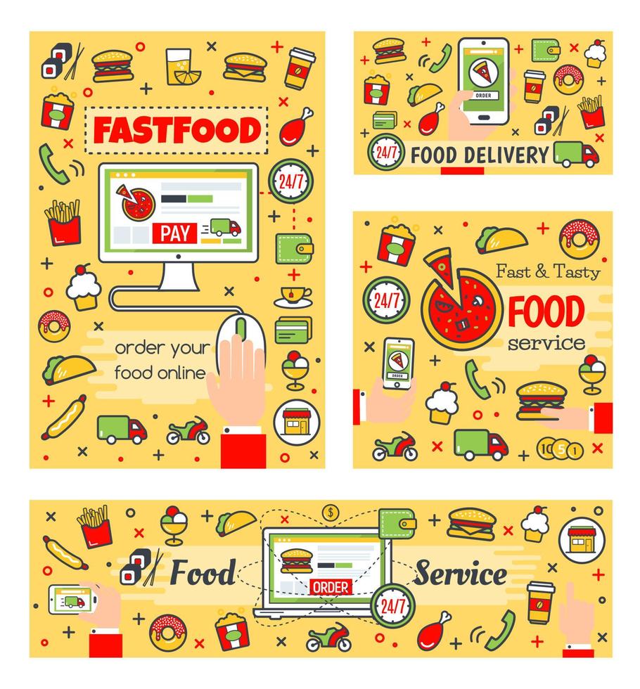 Online fast food order payment, delivery service vector