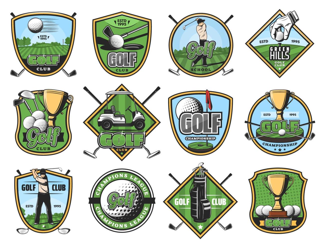 Golf sport icons, golfer and sporting items vector