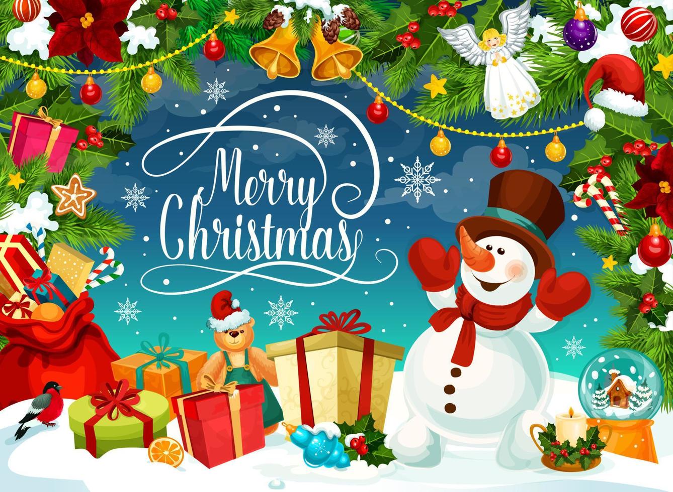 cartel de feliz navidad con muñeco de nieve y cajas de regalo vector