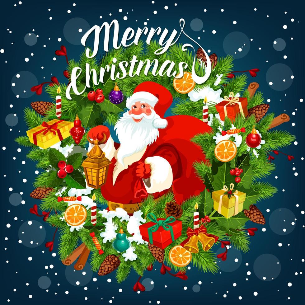 Merry Christmas card with Santa Claus holding sack vector