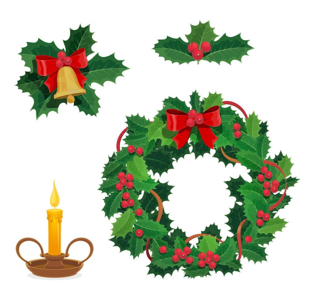 Merry Christmas decorations, holly berry, decor vector