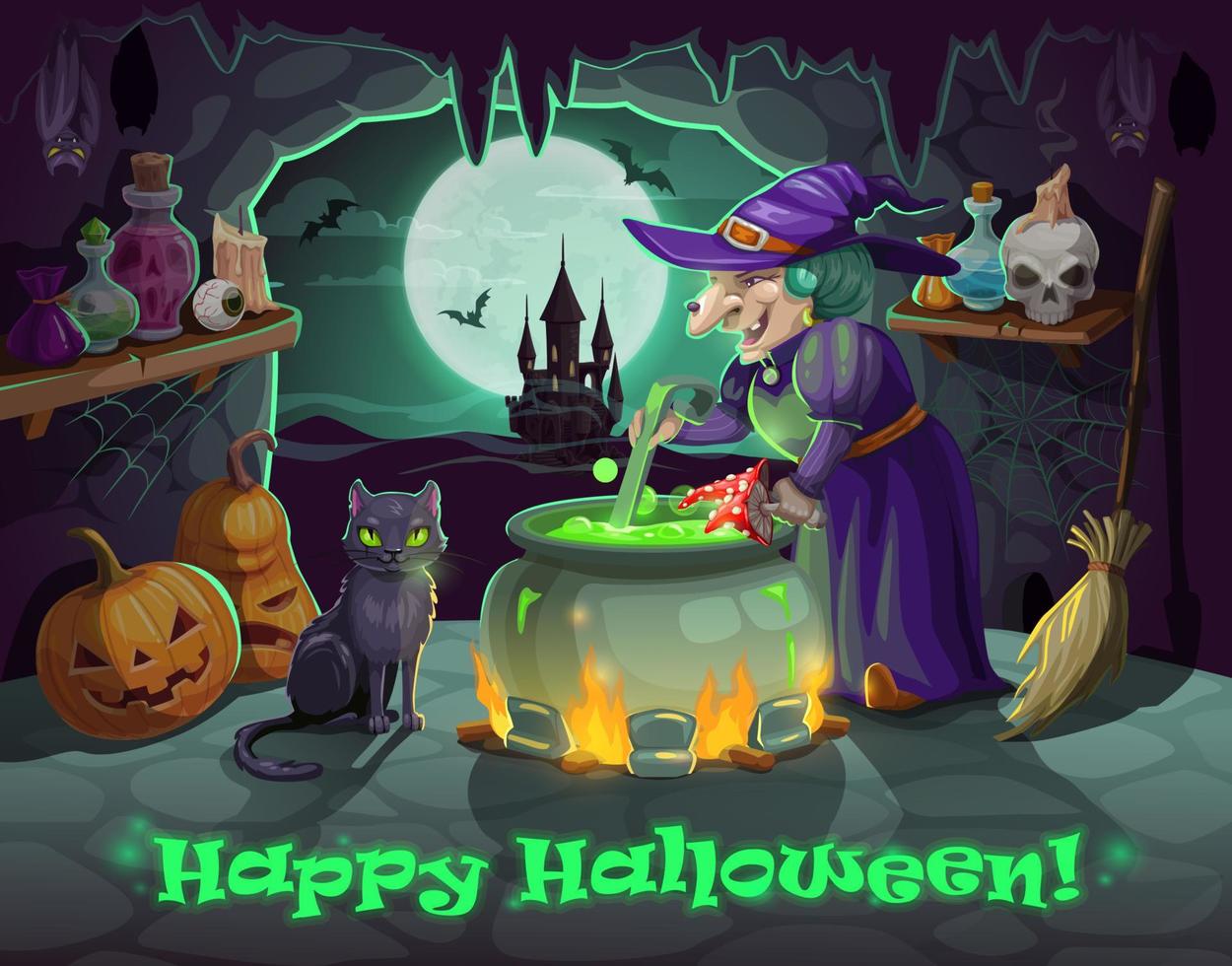 Witch and black cat, Halloween autumn holiday vector