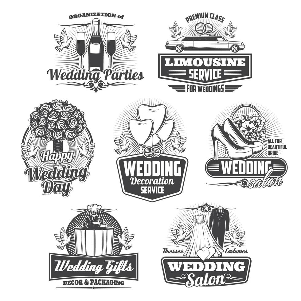 Marriage service, wedding ceremony isolated icons vector