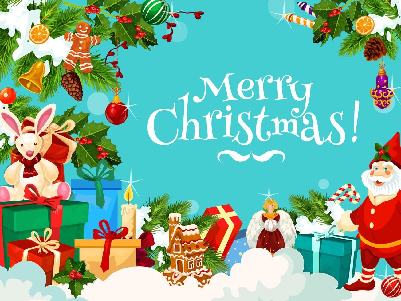 Merry Christmas greetings with Santa gifts, vector