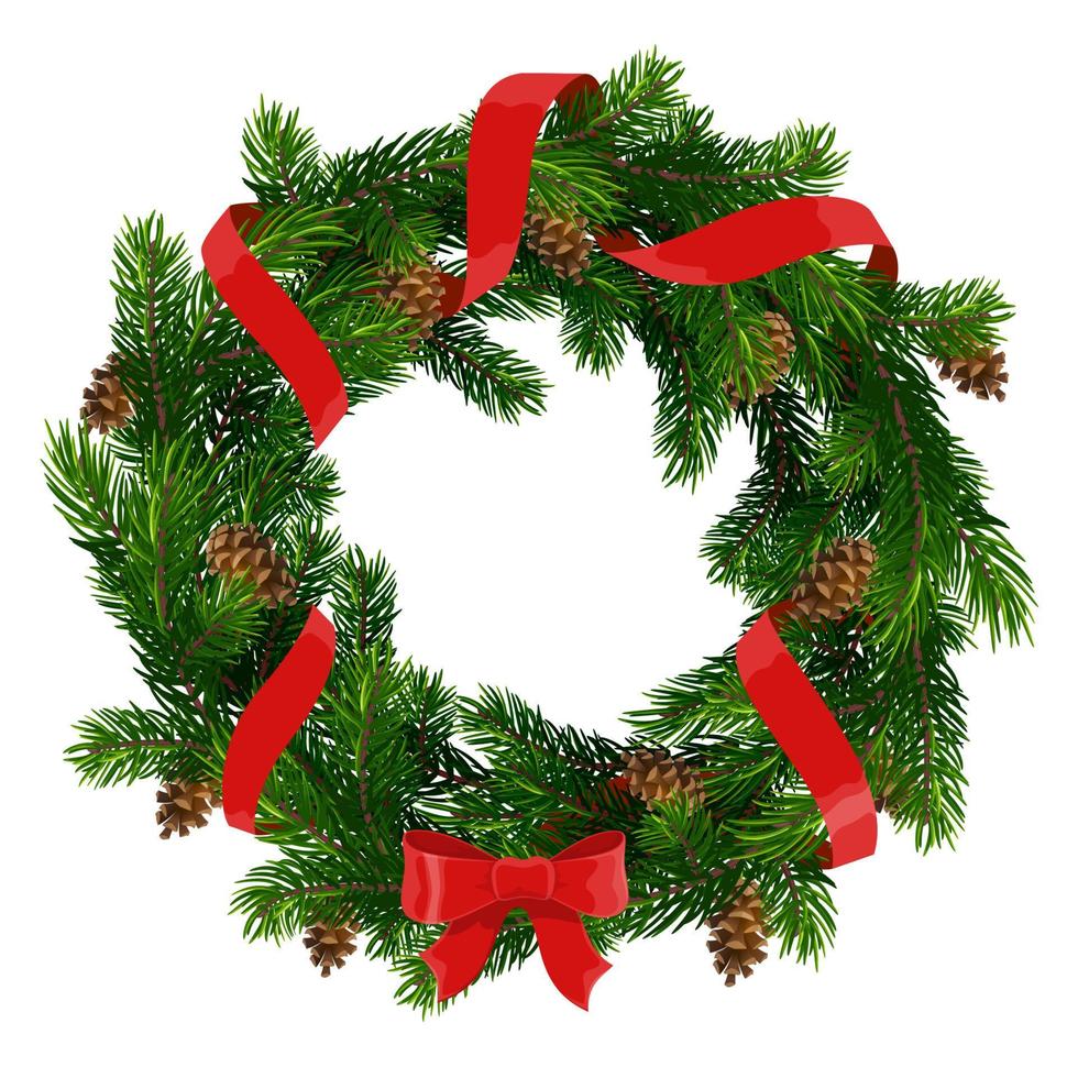 Christmas wreath with red bow and ribbon vector