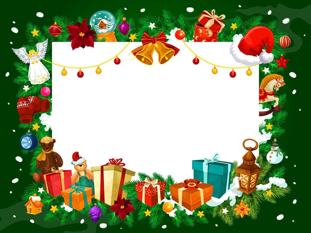 Christmas frame of gifts and tree decorations vector