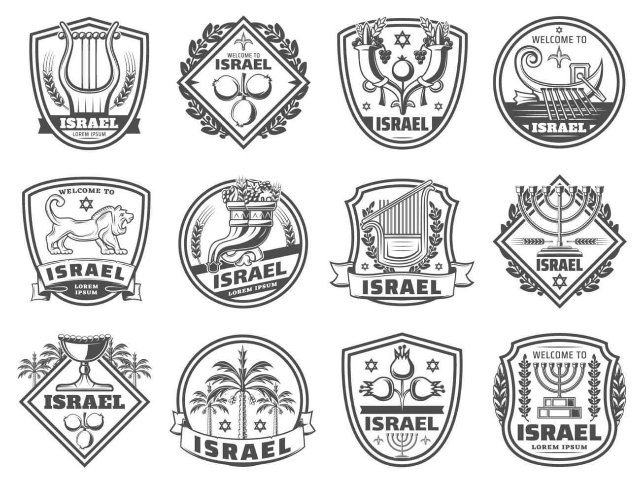 Jewish religion icons, monochrome vector