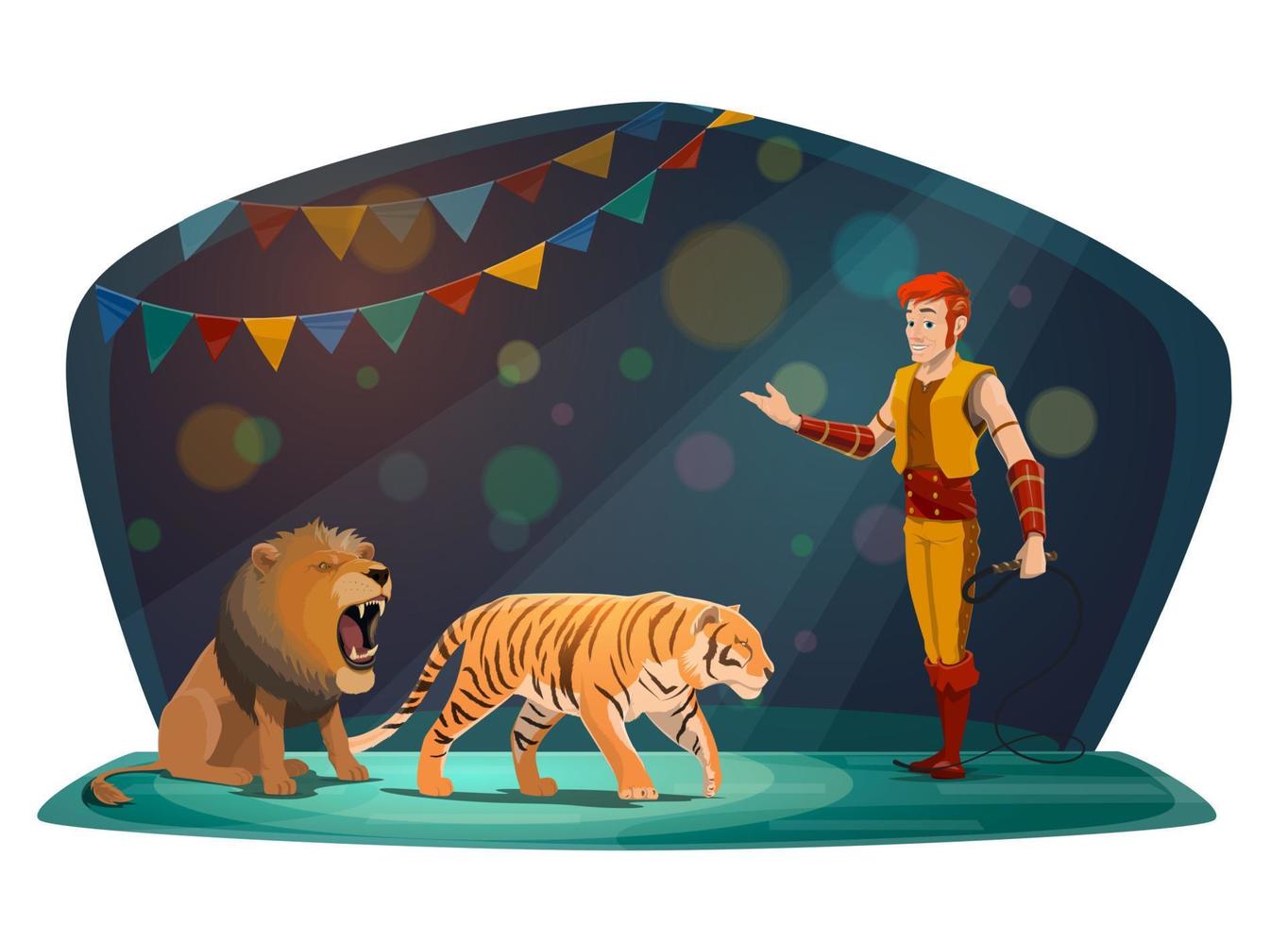 Big top circus arena, tiger and lion animals tamer vector