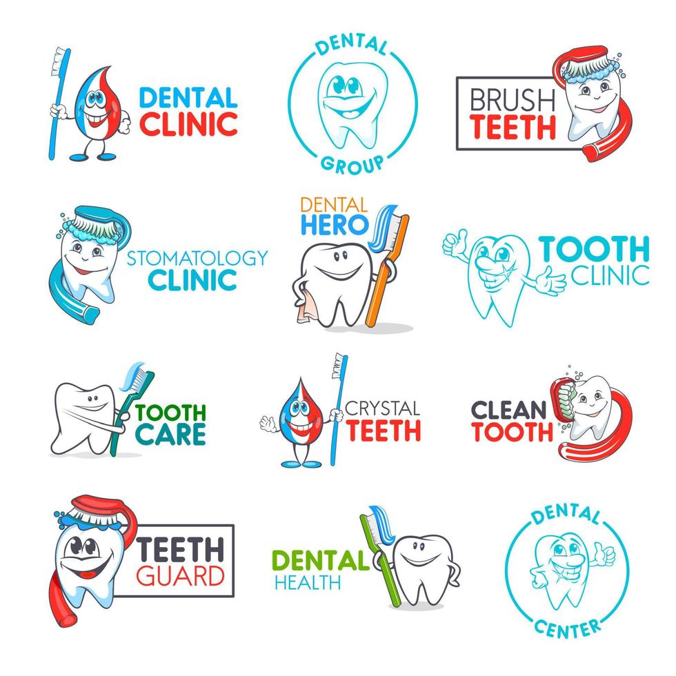 clínica dental, iconos de dientes y cepillos de dientes de dibujos animados vector