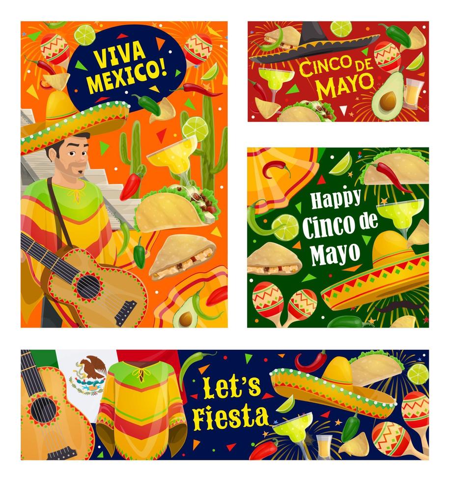 cinco de mayo mariachi con sombrero y guitarra vector