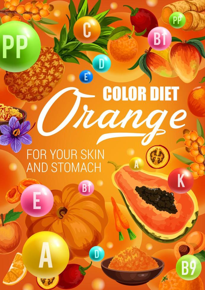 Orange fruits and vegetables. Color diet food vector