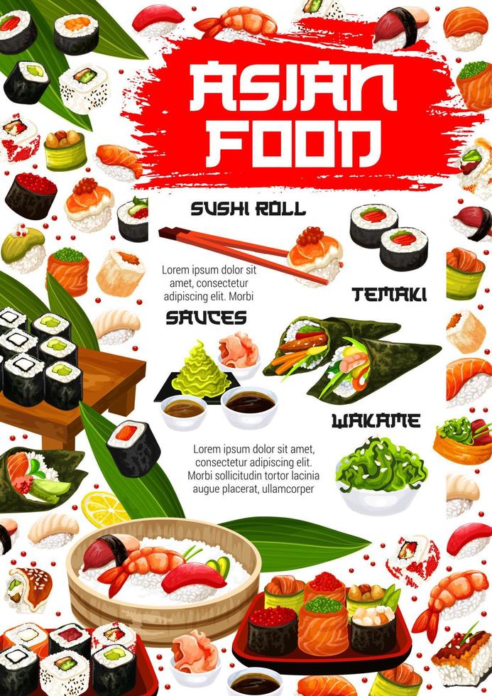 Asian sushi rolls, Japanese seafood cuisine menu vector
