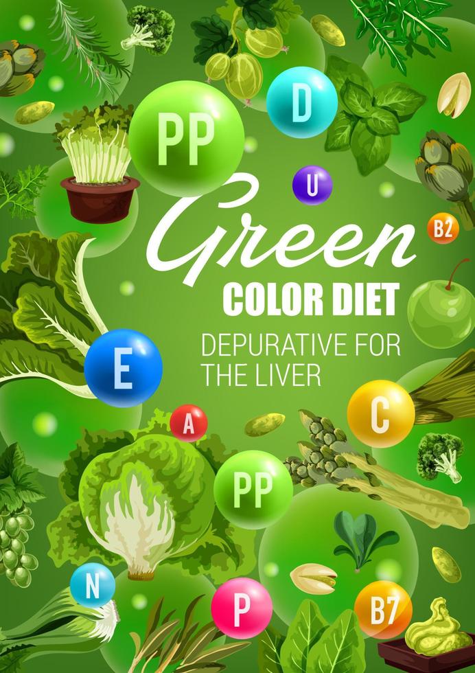 Green fruits and vegetables. Detox diet vegan food vector