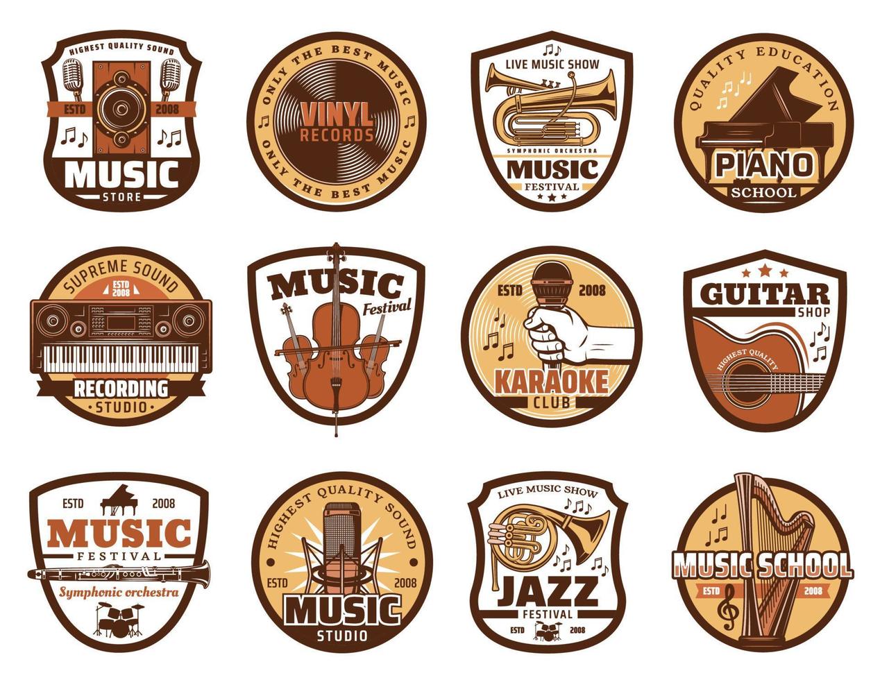 Music icons of microphone and musical instruments vector