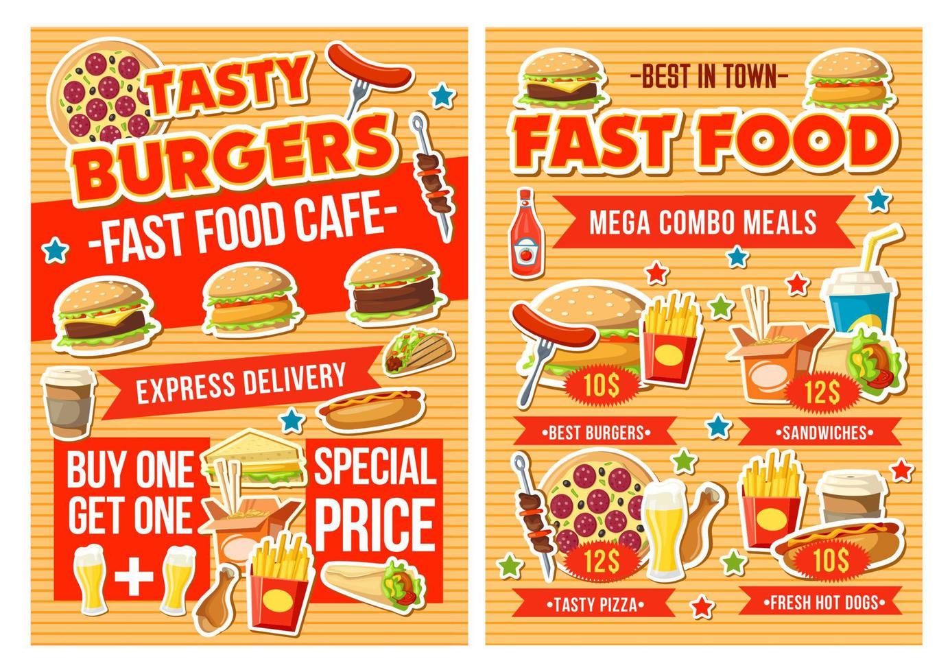 Fast food burger, pizza and drinks. Combo menu vector