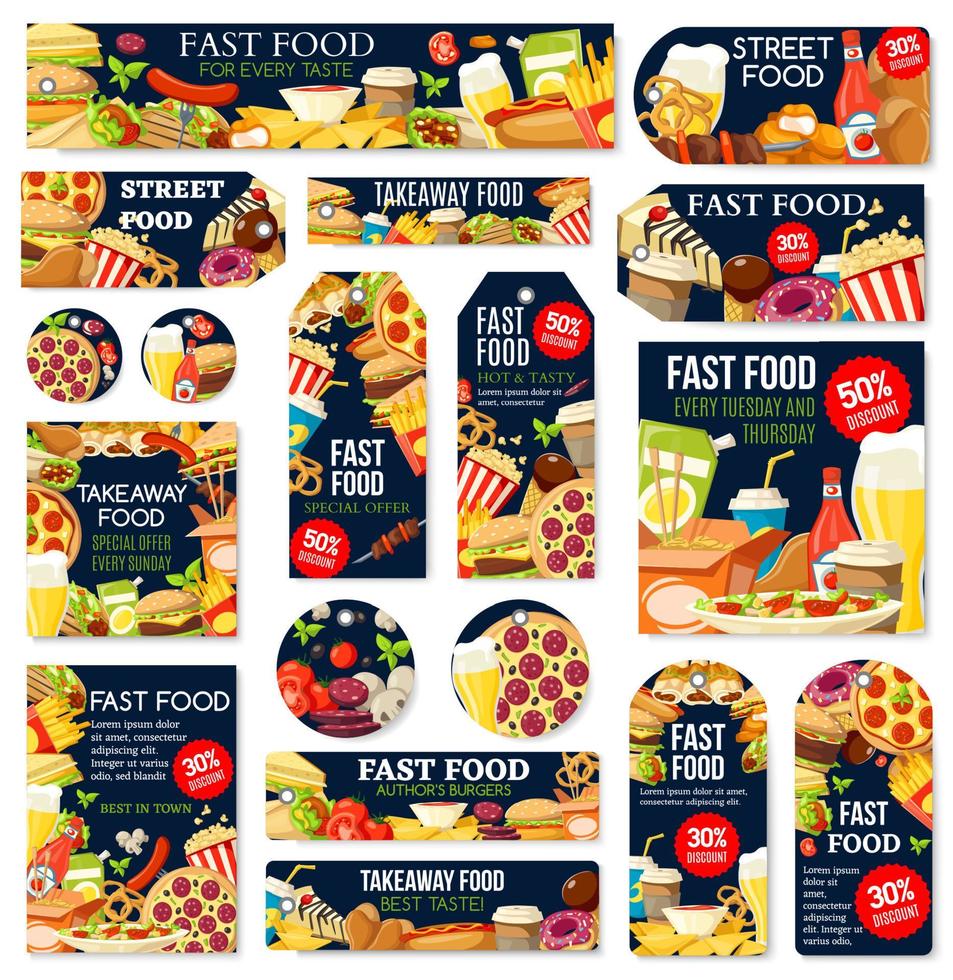 Fast food junk meal and drink labels and tags vector