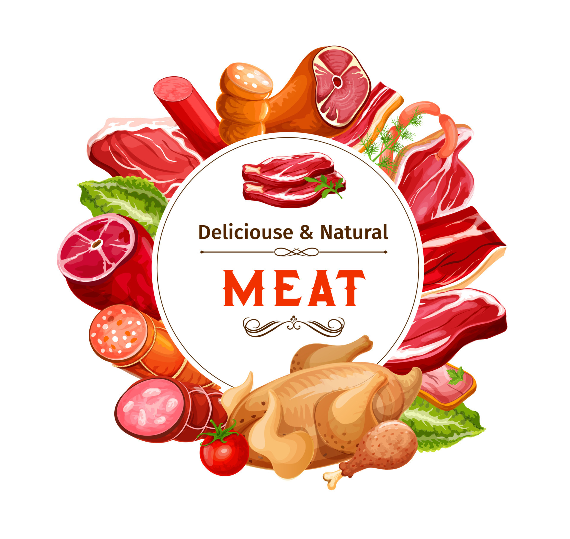 Beef and pork meat sausages, ham, bacon and salami 16165424 Vector Art