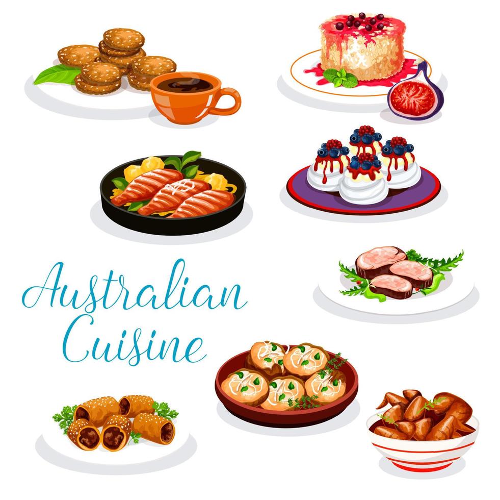 Australian cuisine meat and fish dishes, desserts vector