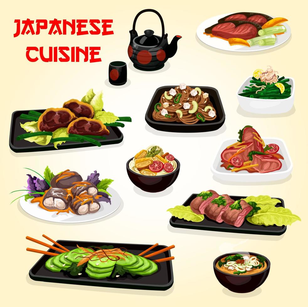 Japanese fish and meat dishes with salads and soup vector