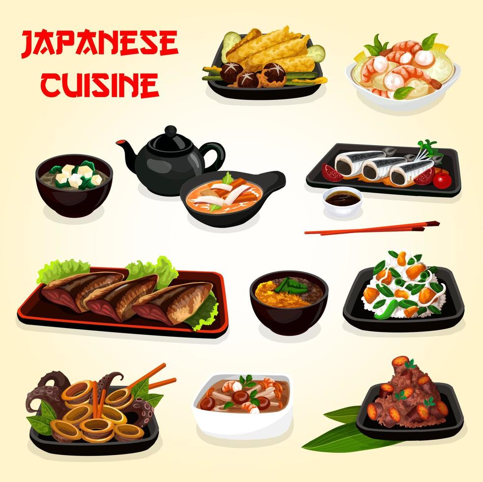 Japanese seafood, veggies dishes with asian sauces vector