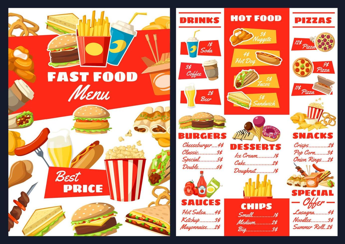 Fast food burgers, snacks and desserts menu vector