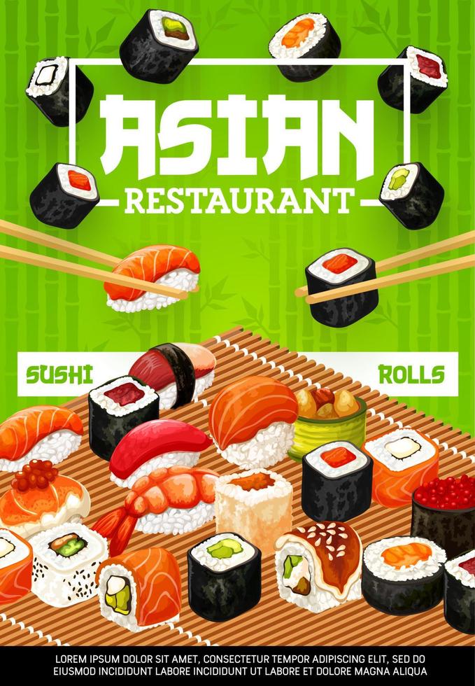 Japanese seafood sushi rolls and nigiri vector
