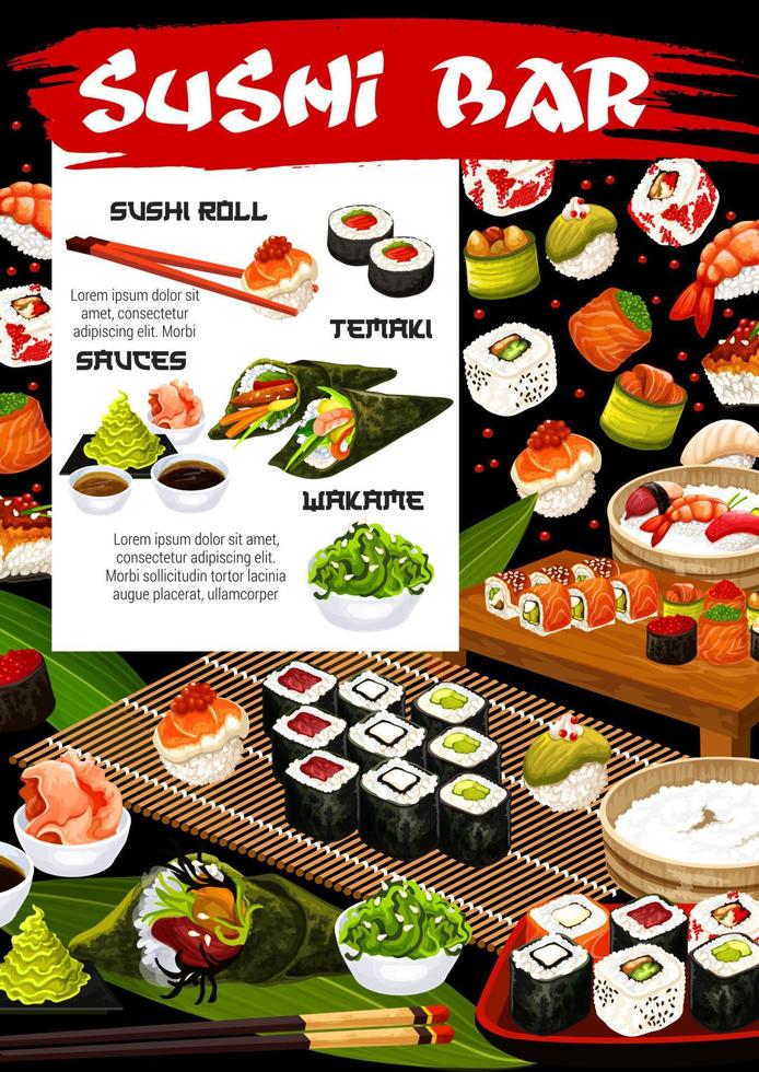 Japanese sushi rolls, seafood temaki and sauces vector